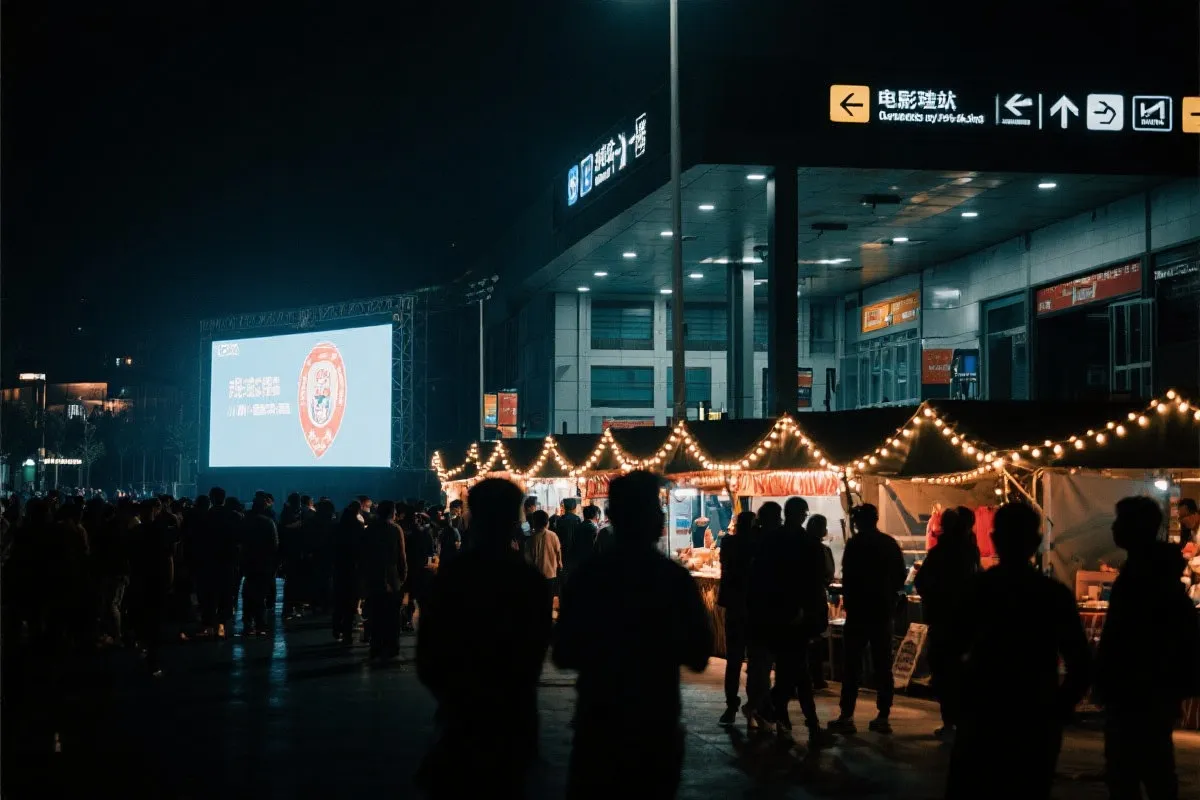 费城球迷广场夜景：大屏观赛人群、步行指示牌与公共交通入口